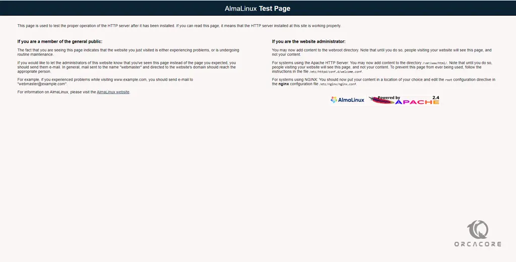 default Apache landing page on AlmaLinux 8