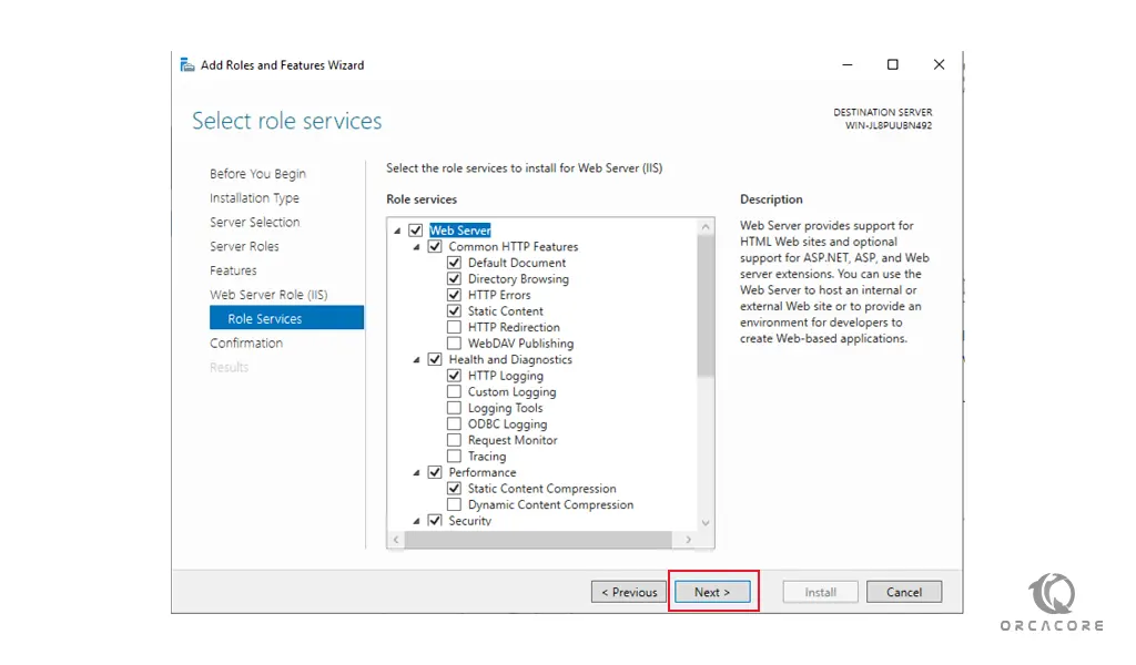Role services for IIS on windows server 2016