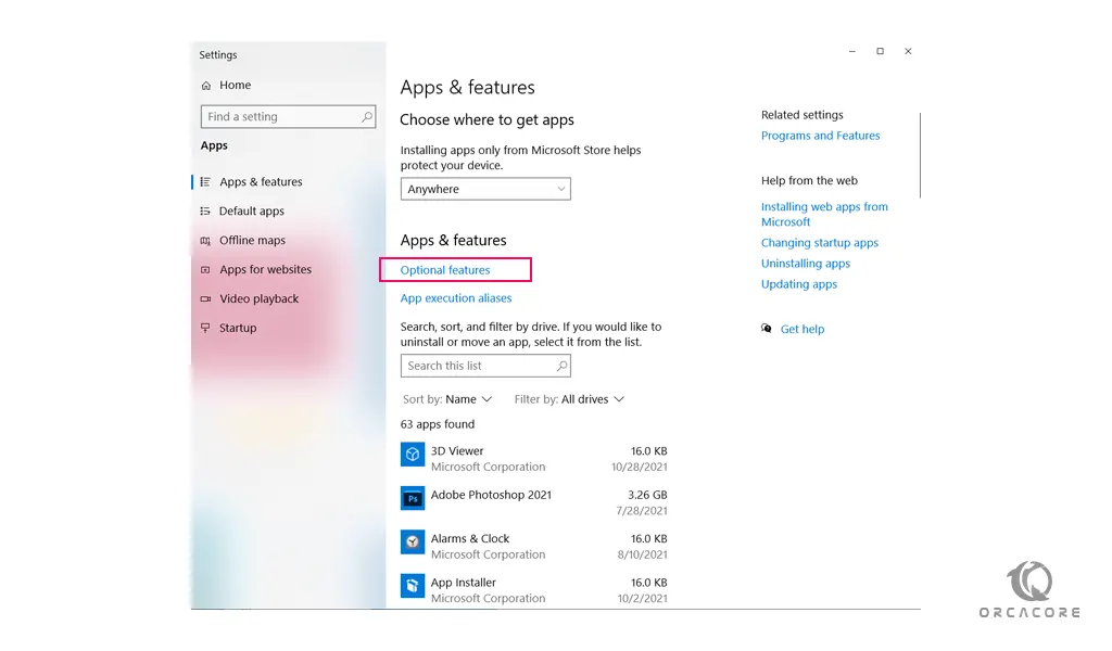 optional features on Windows 10