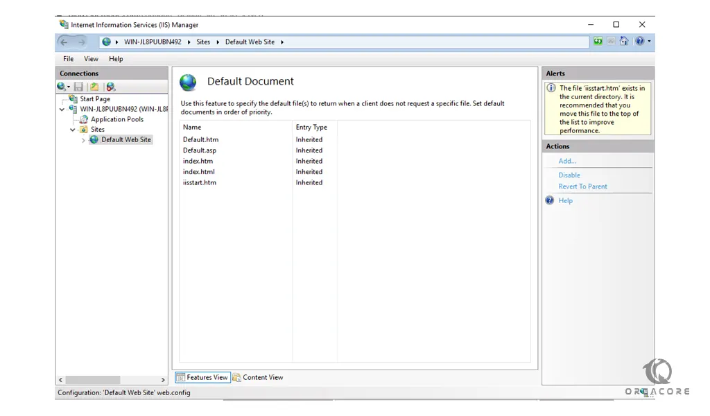 display IIs default document on Windows server 2022