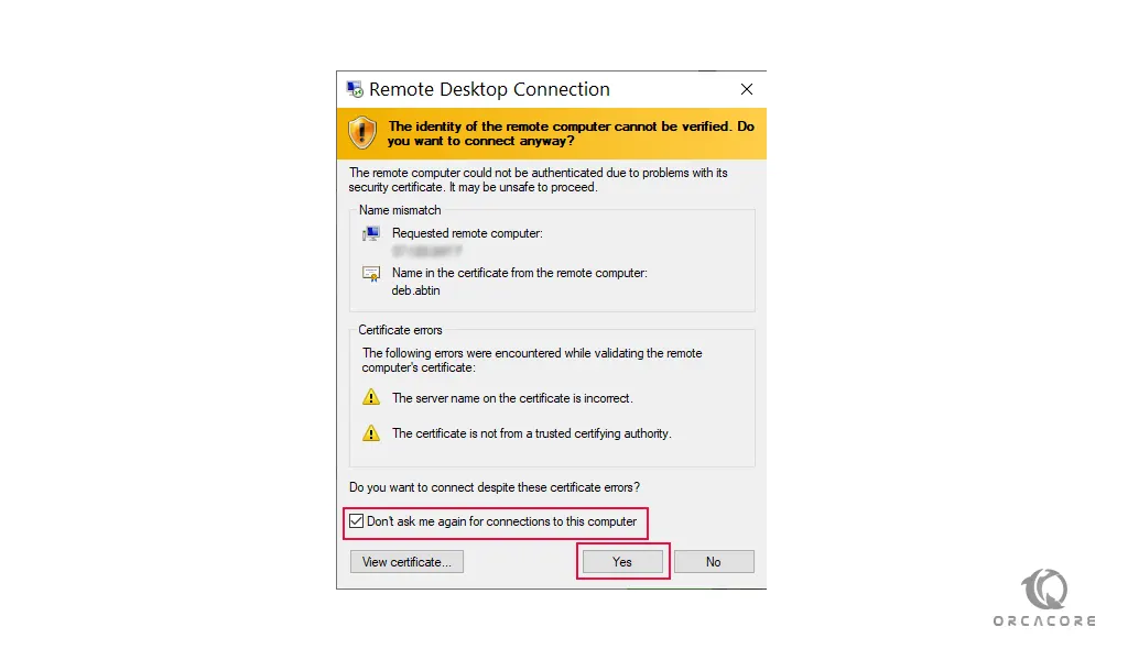 Remote desktop connection warning