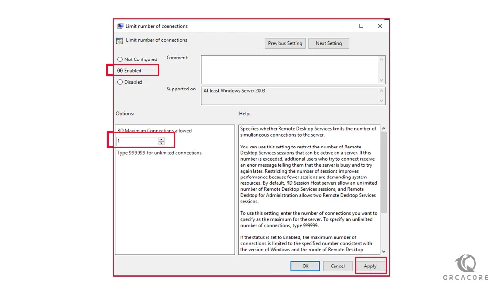 limit number of connections on Windows Server 2016
