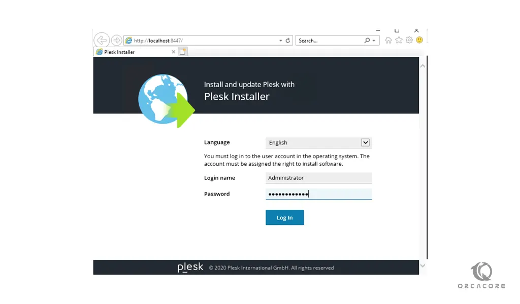 Plesk installer login screen