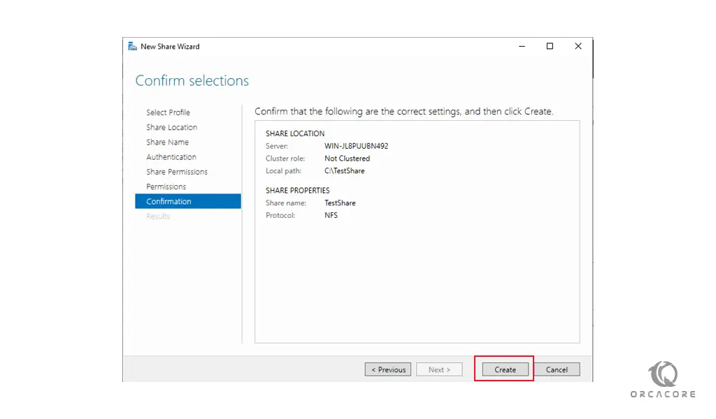 confirm NFS selections on windows server 2019