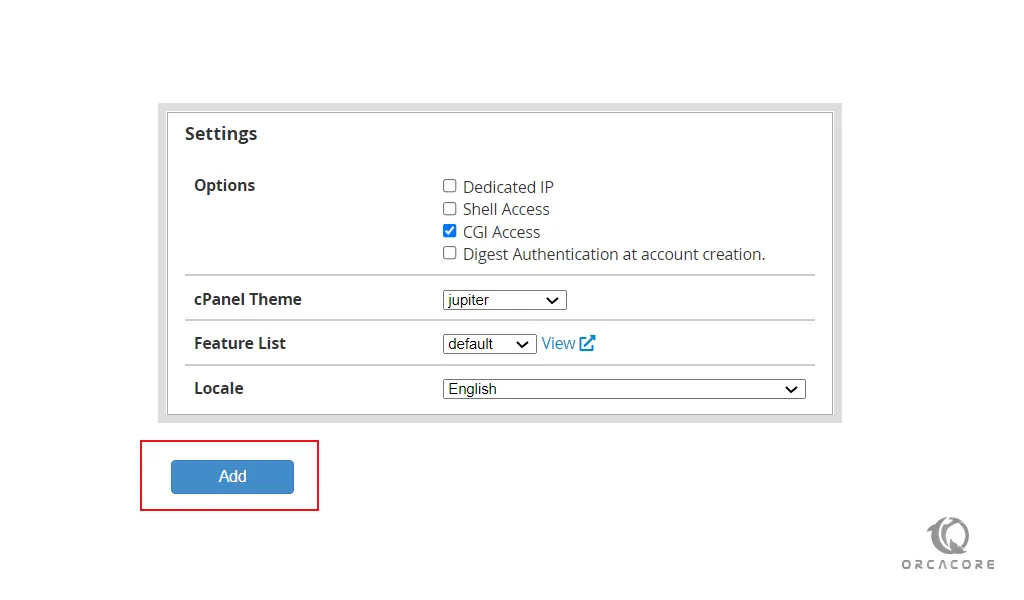 package settings on WHM for a cPanel account
