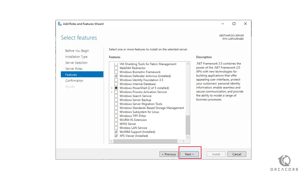 select features on Windows server 2019