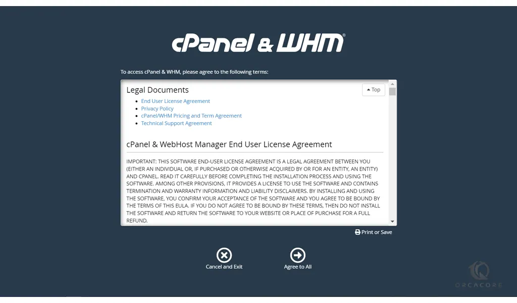 agrre with the terms of cPanel and WHM