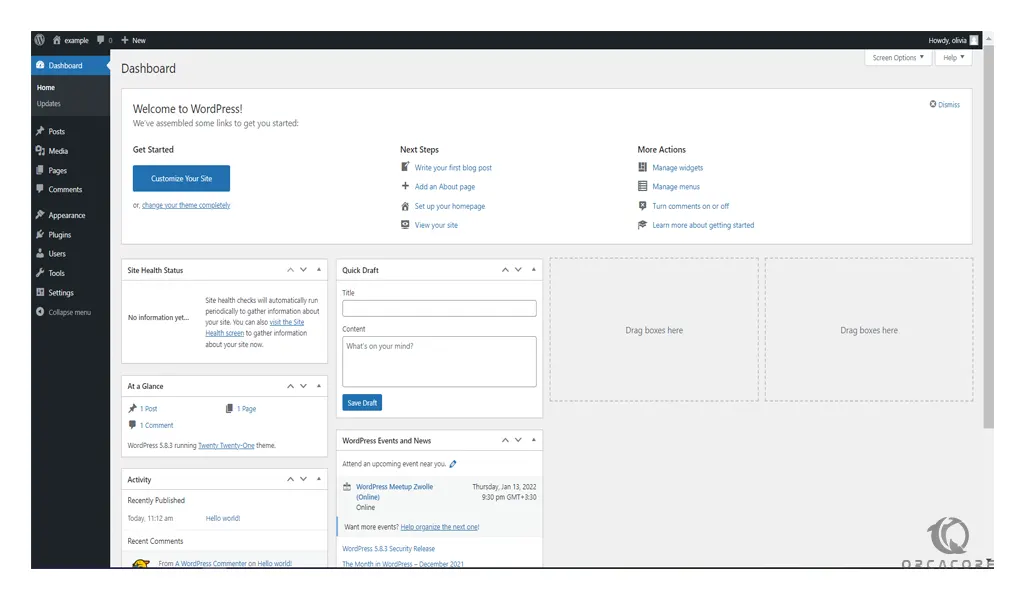 WordPress dashboard on DirectAdmin