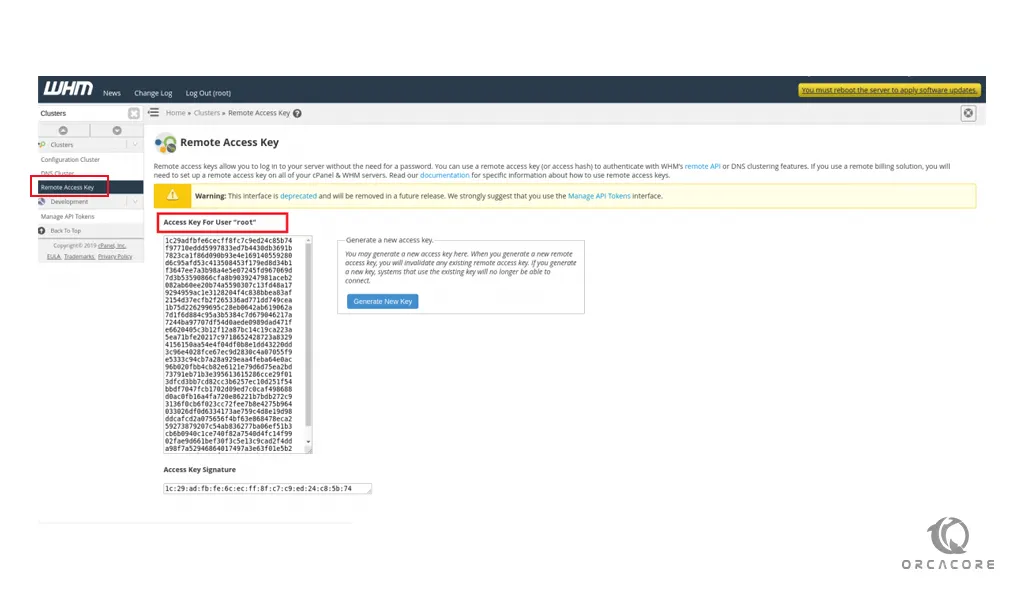 remote access key on WHM