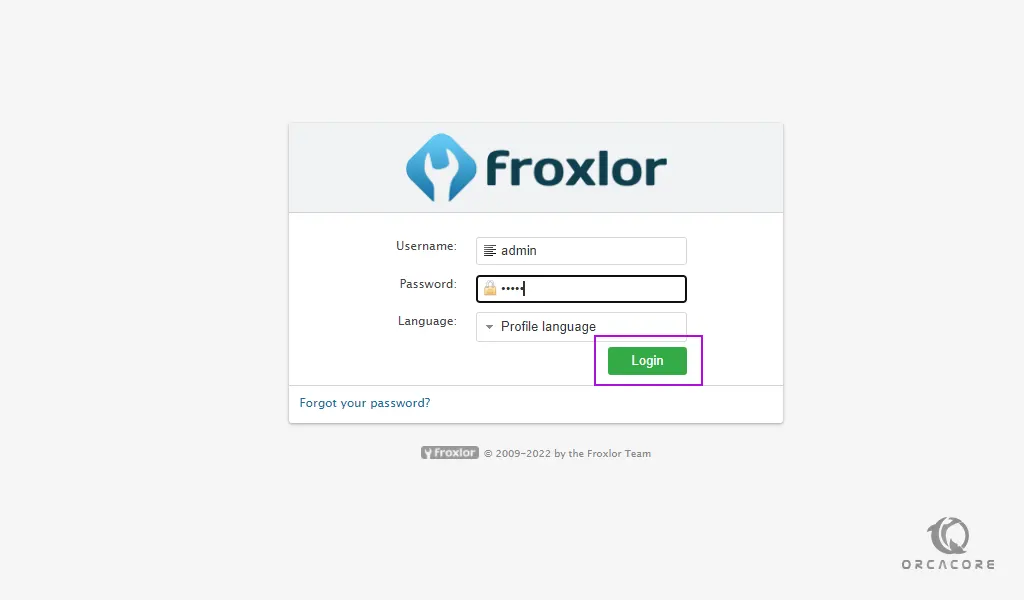 Froxlor login screen
