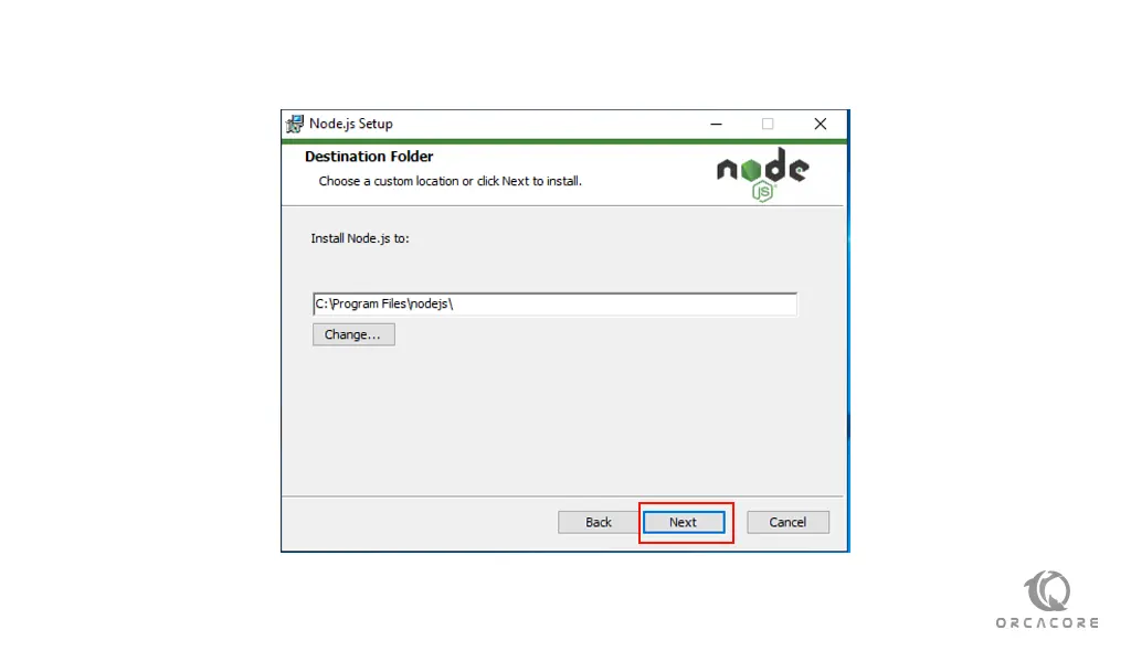 choose destination folder for Node.js on Windows server