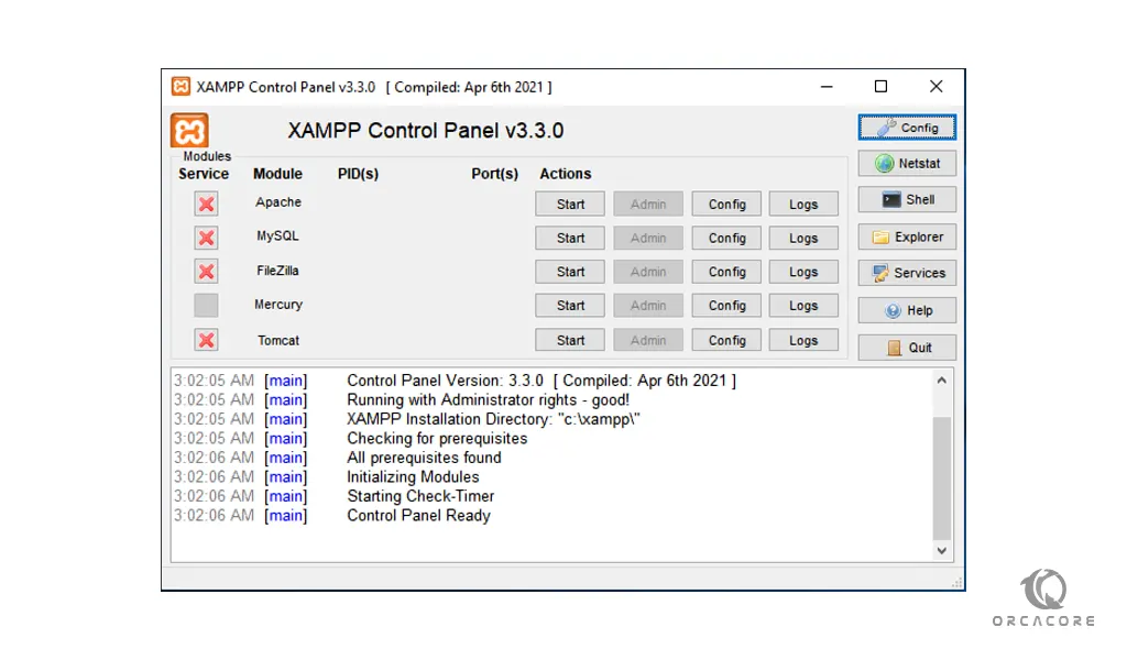 XAMPP control panel on Windows server 2019