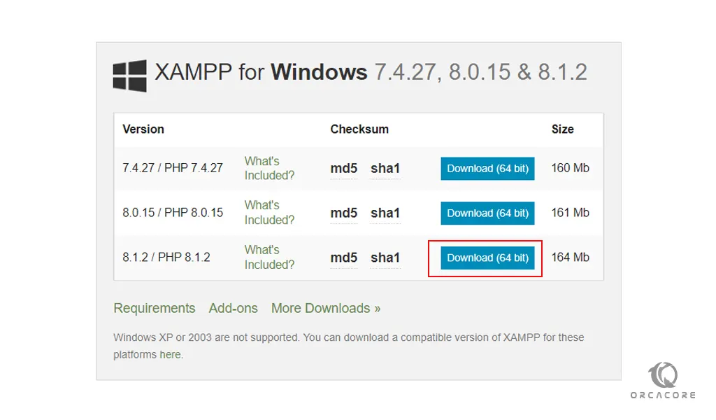 download XAMPP installer on Windows server 2019