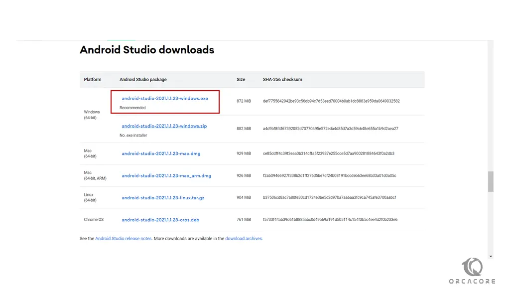 Download Android studio package for Windows
