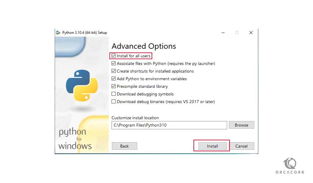 Python advanced options on windows server 2019
