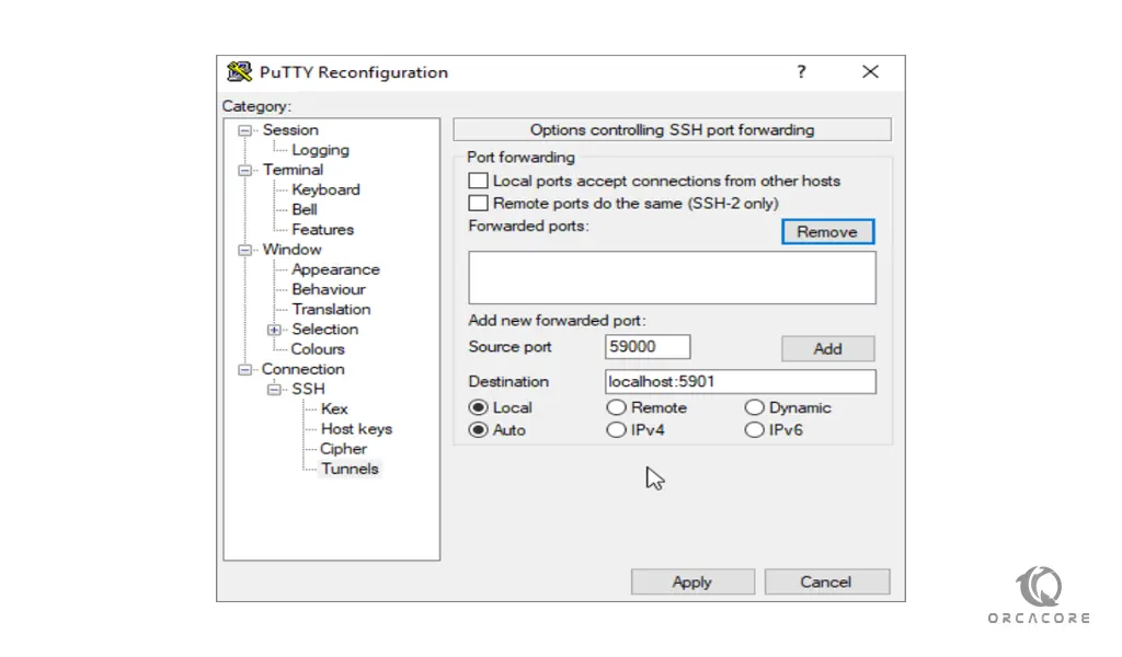 Putty configuration for VNC 
