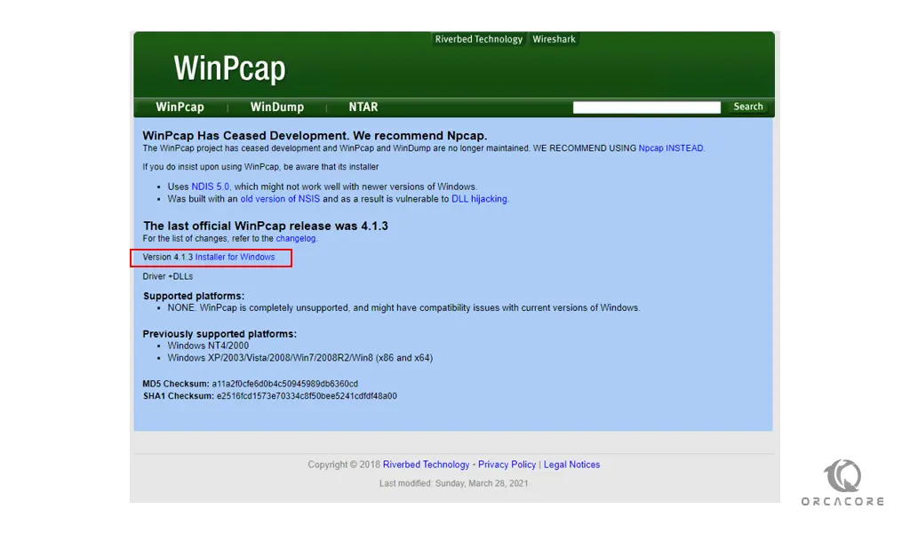 WinPcap installer for Windows