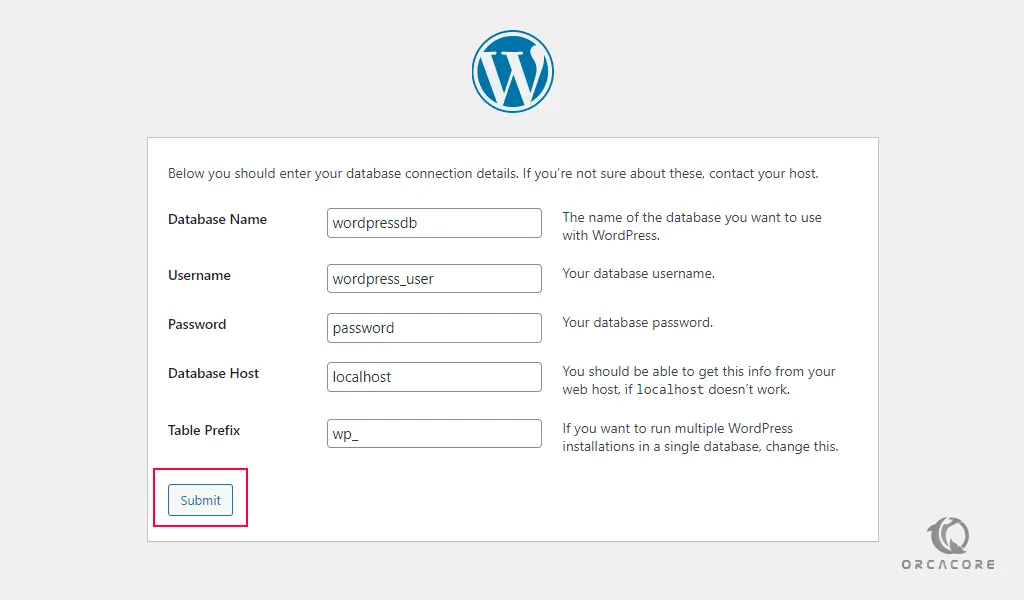 Enter WordPress database info
