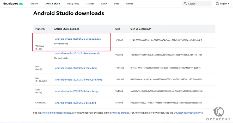 Android Studio downloads page