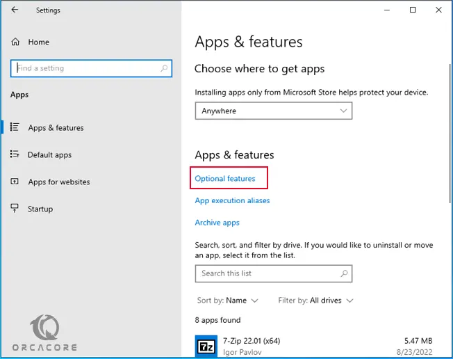 Optional features on Windows server 2022