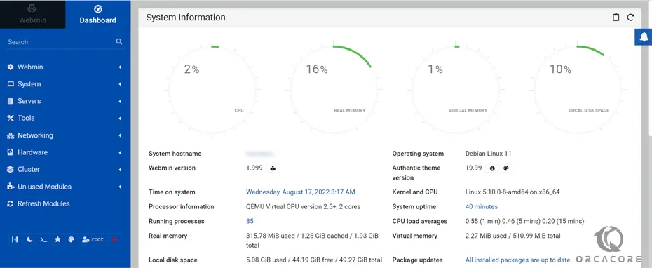 webmin dashboard on Debian 11