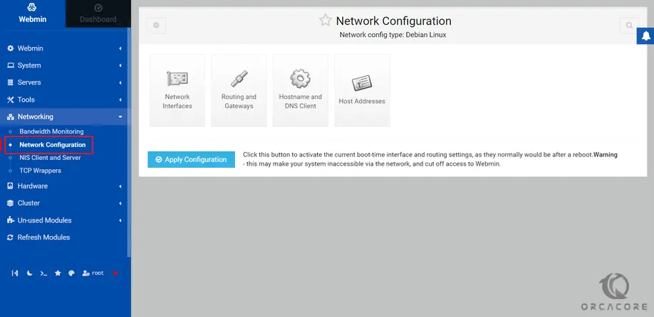 Webmin network configuration