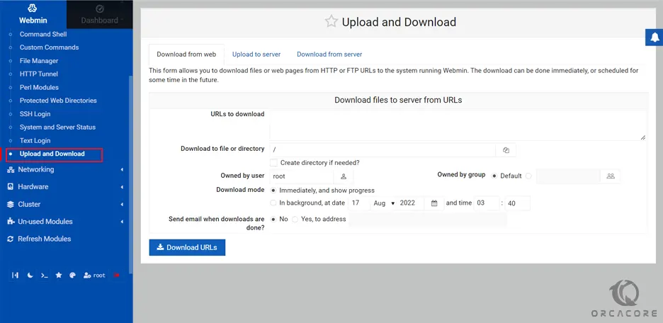upload and download files on Webmin