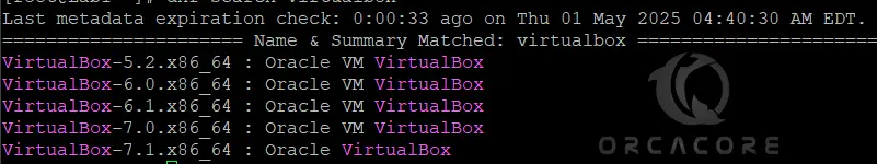 list available versions of VirtualBox on AlmaLinux 8