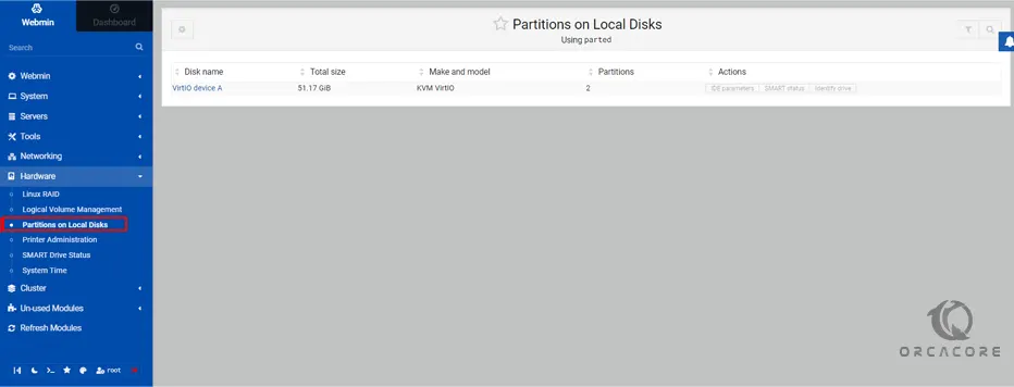 hard disk partitions from webmin