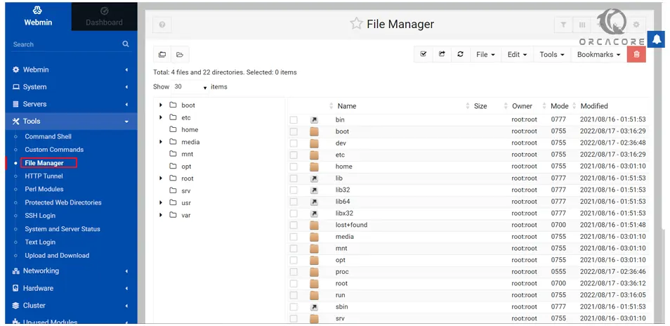 File manager on Webmin