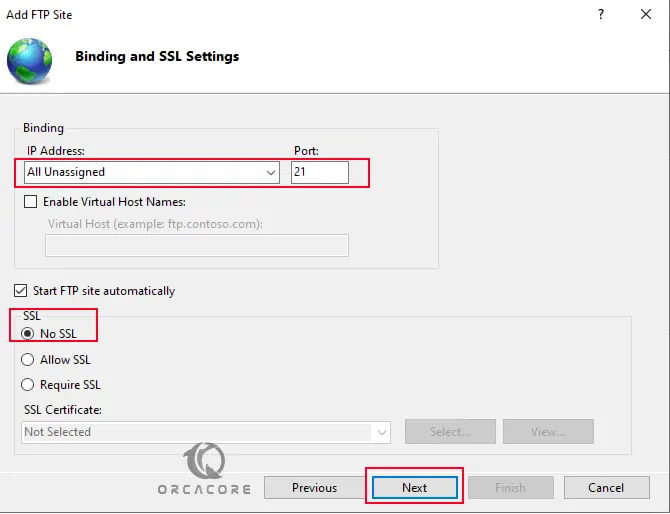 FTP port and SSL settings Windows server 2022