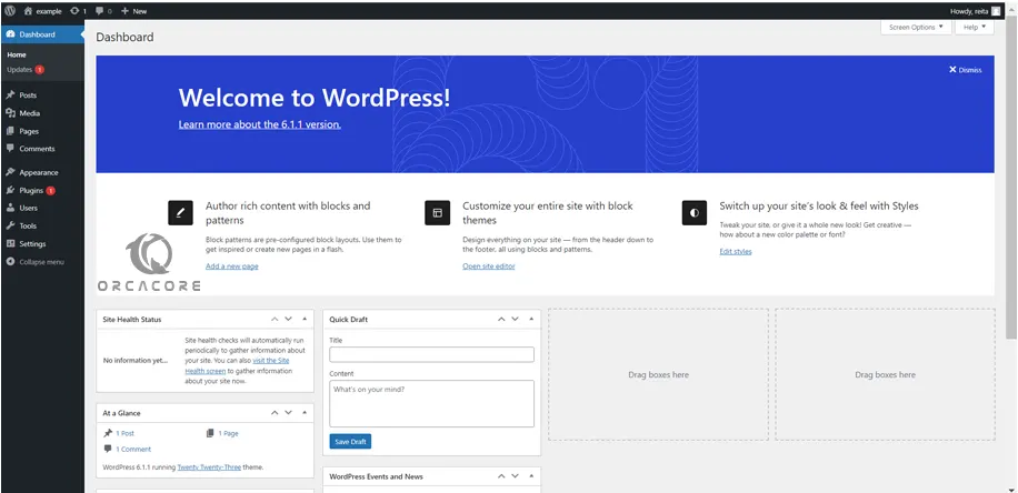 WordPress dashboard AlmaLinux 9