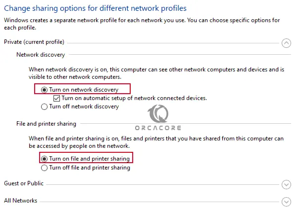 Enable network discovery and file sharing
