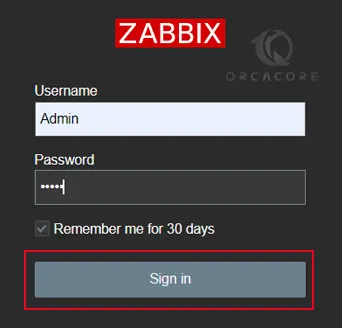 Zabbix log in screen