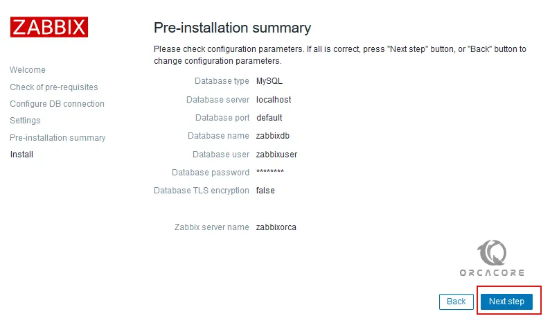 Zabbix pre-installation summary