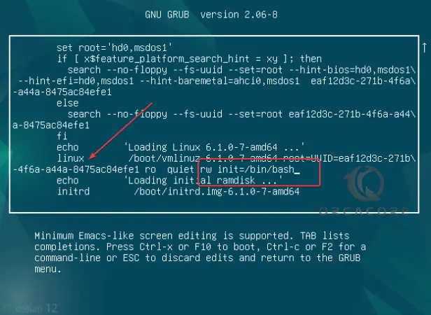 Edit Debian 12 Grub menu to reset root password