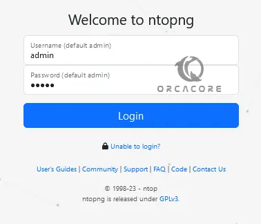 Ntopng Login screen Debian 12