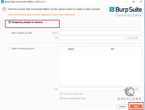 Create a Burp Suite Temporary Project