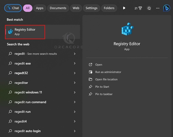 Open registry editor in Windows 11