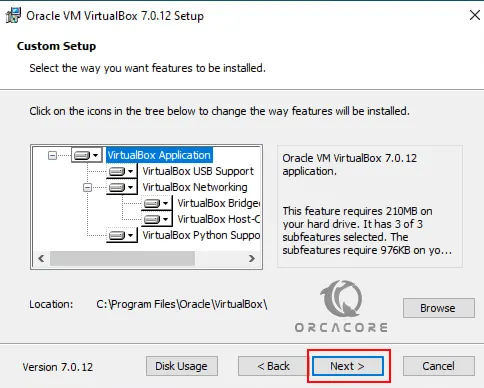 Select all features and location for VirtualBox installation