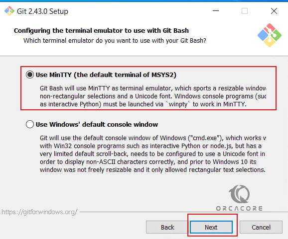 select the terminal emulator for Git Bash on Windows Server 2022