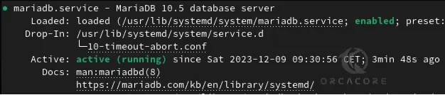 MariaDB server status Fedora 39 Terminal