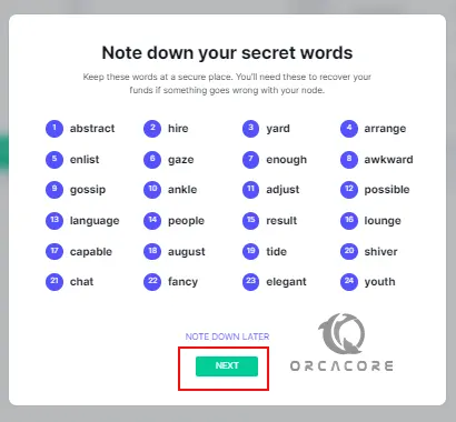 Select secret words for Lightning Node Setup