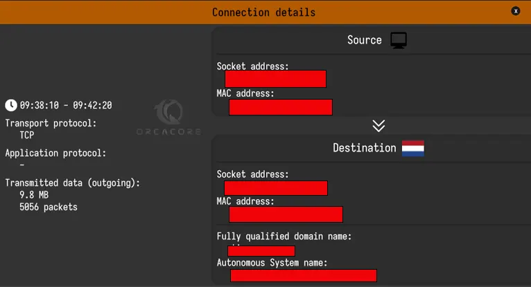 IP address connection details with Sniffnet on AlmaLinux