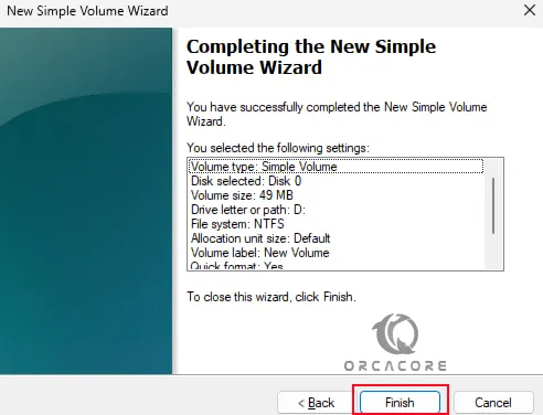 Complete new simple volume wizard - hard drive partition