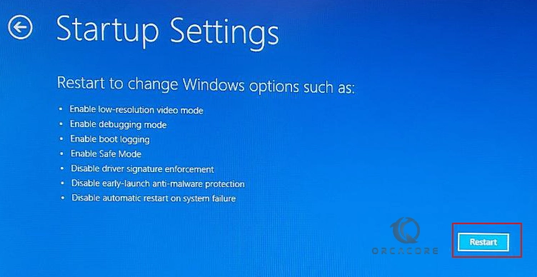 Restart to change start up settings on Windows 10 to reset user profile