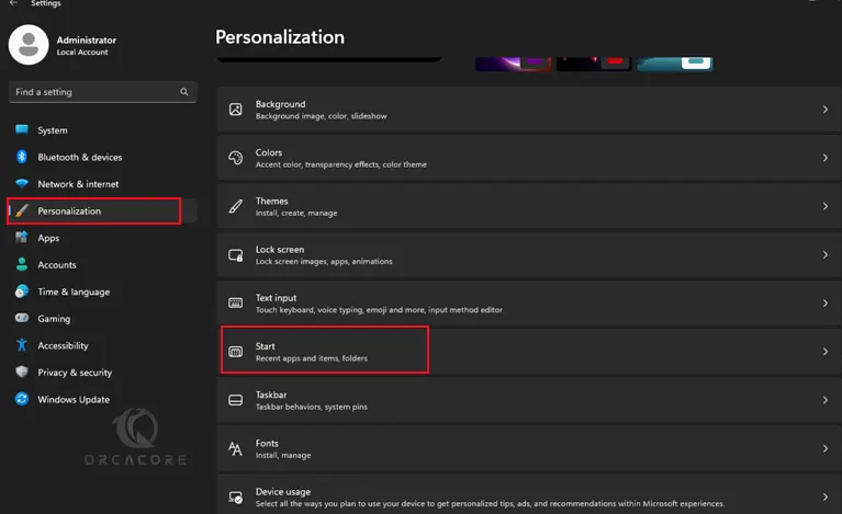 Personalization Start menu settings Windows 11
