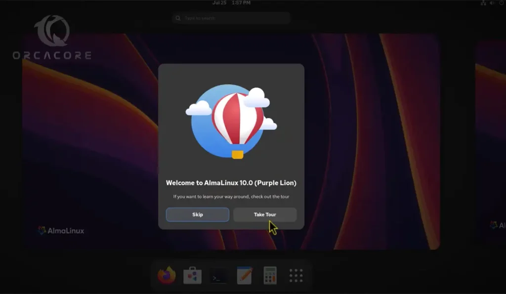 welcome screen of AlmaLinux 10 purple lion