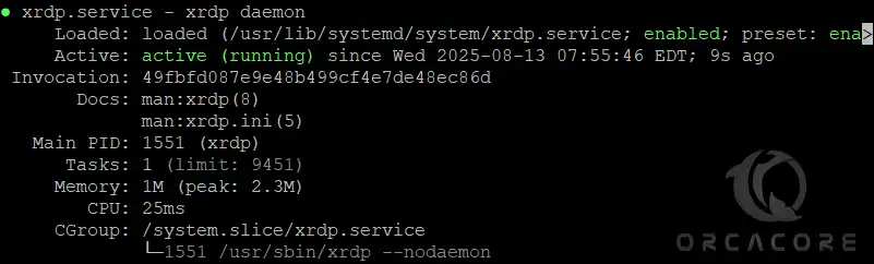 Check XRDP service status Debian 13